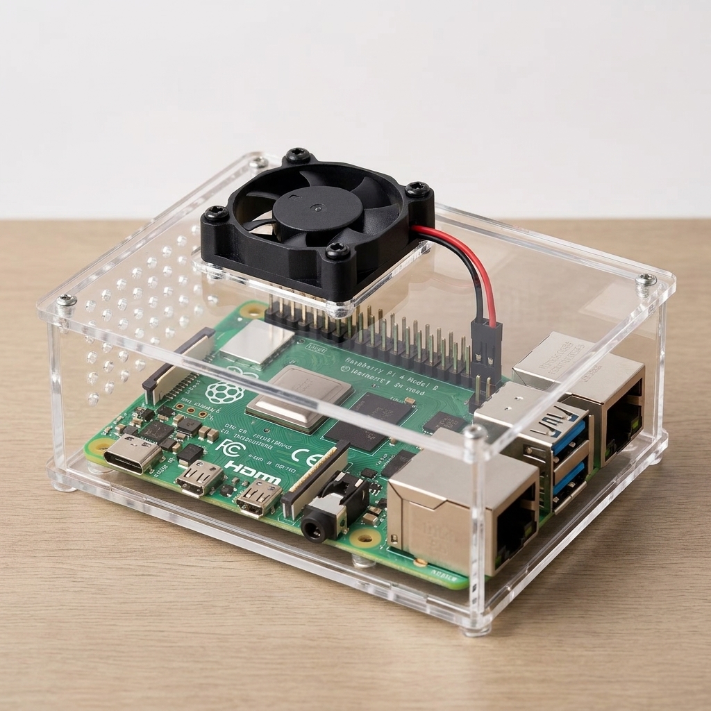 A Raspberry Pi 4 inside a ventilated case with a small cooling fan mounted above the board
