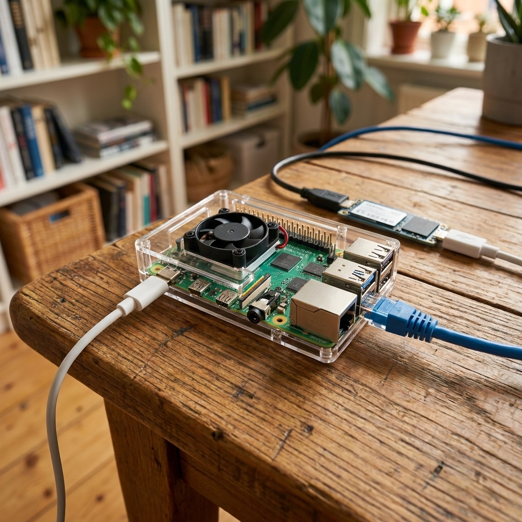 A Raspberry Pi 5 on a wooden table with an Ethernet cable and USB power connected, ready to be used as a small home server