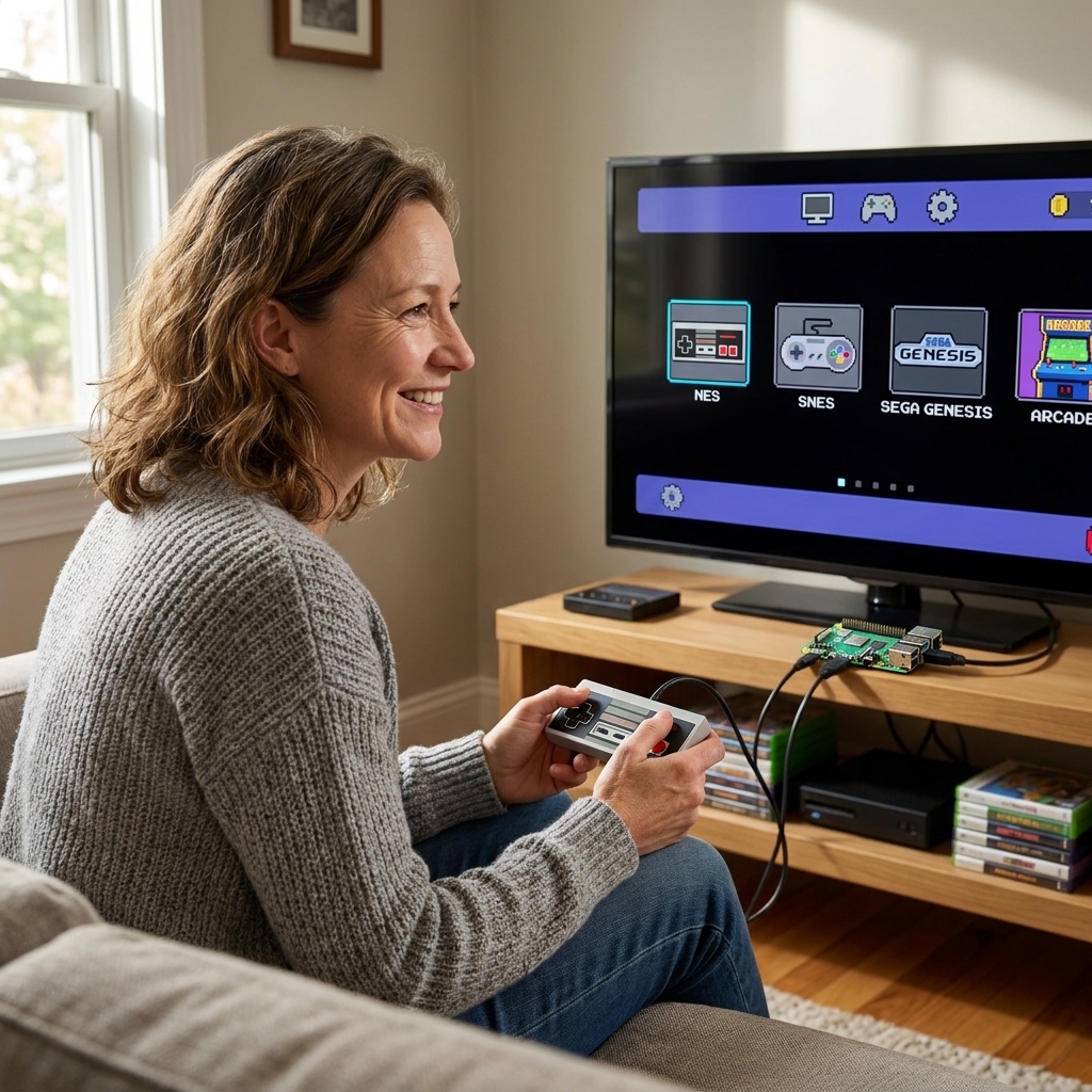 A Raspberry Pi connected to a TV showing a retro gaming front end menu with console icons, photographed in a living room