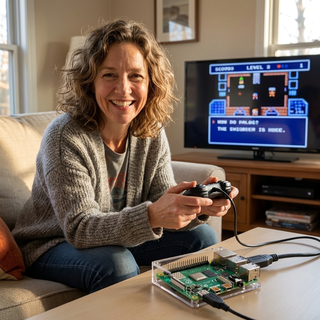 A Raspberry Pi connected to a television with an HDMI cable and a USB game controller plugged into the Pi