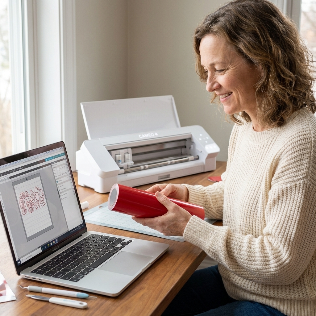 A Silhouette Cameo 4 cutting machine open on a desk with a sheet of vinyl ready to be loaded and a laptop nearby