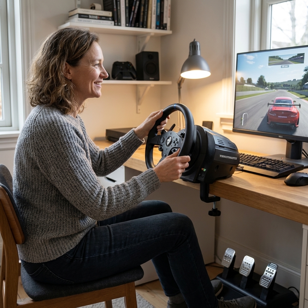 A Thrustmaster-style belt-driven racing wheel mounted on a desk with the pedal set on the floor in front, photographed in a cozy home gaming corner