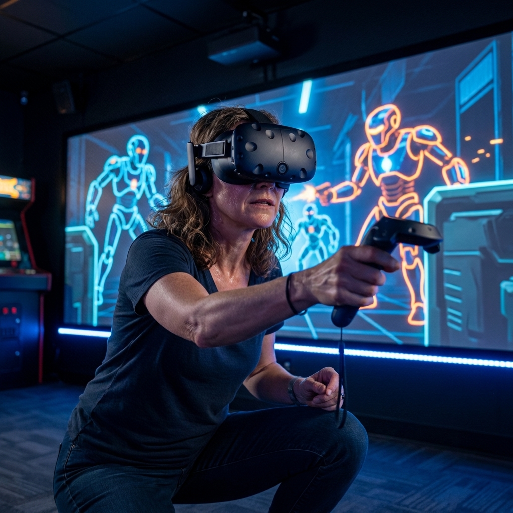 A VR player crouching low with one controller aimed forward as stylized enemies appear in a neon-lit action level