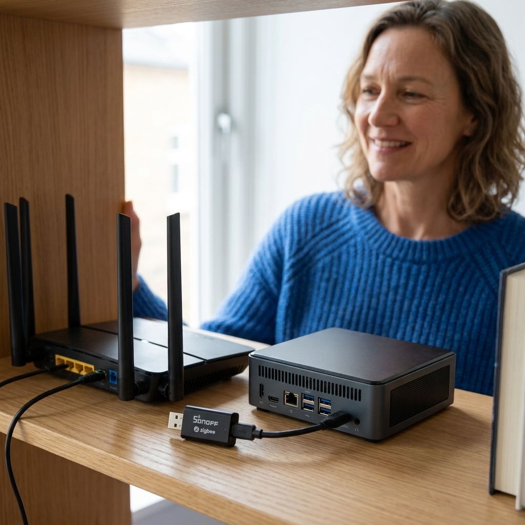 A Zigbee USB coordinator dongle plugged into a small home server using a short USB extension cable, sitting beside a router on a shelf
