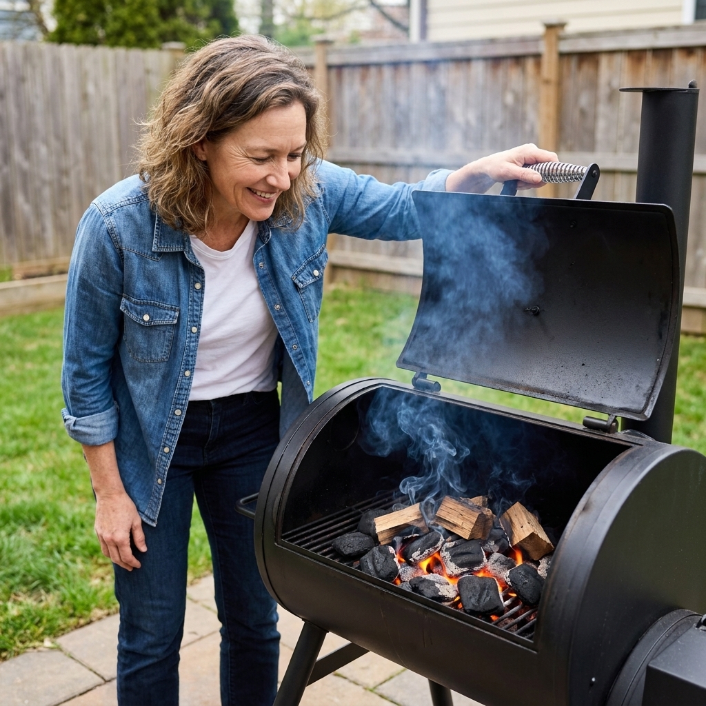 A backyard charcoal smoker with the lid open, glowing coals in the firebox and a few wood chunks beginning to smoke