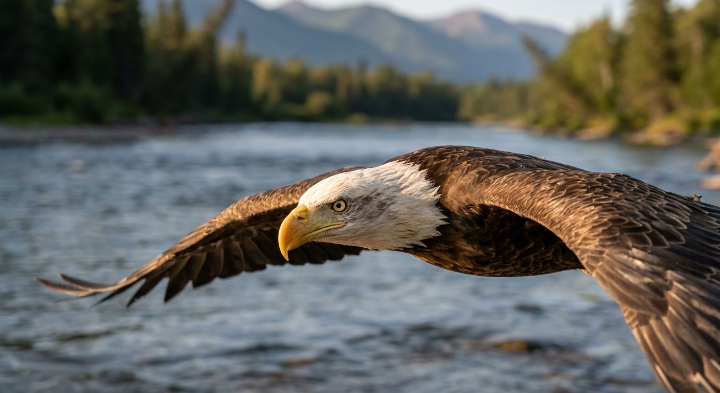 A bald eagle flying low over a river with wings spread wide, sharp focus on the head and eye, soft background blur