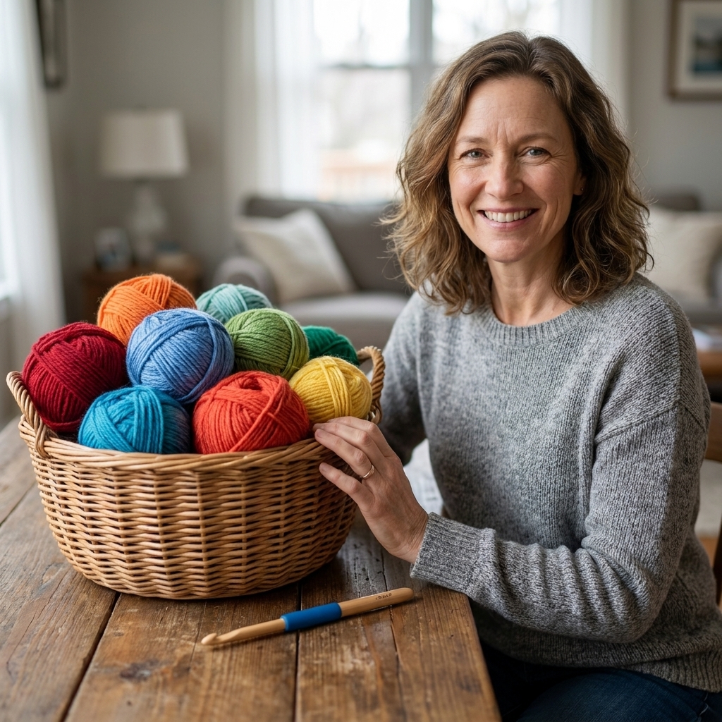 A basket filled with colorful acrylic yarn skeins next to a crochet hook on a wooden table.