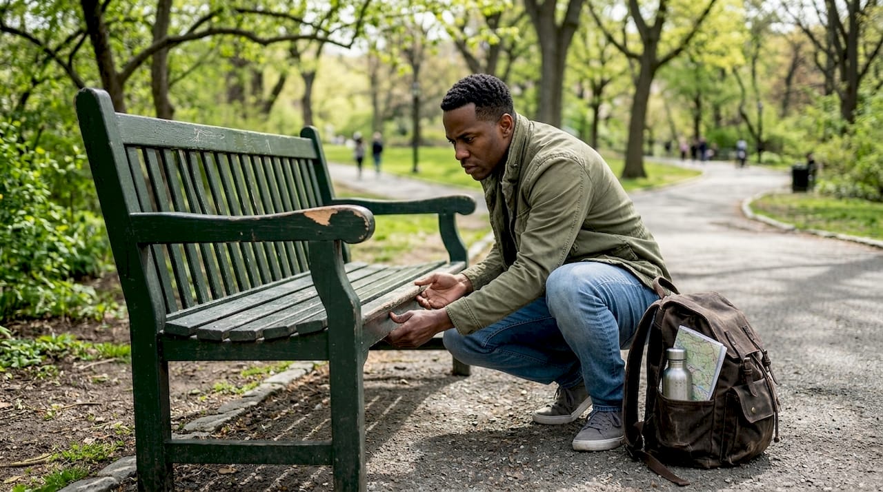 A beginner geocacher crouching near a park bench while holding a phone and carefully looking around the base for a hidden container