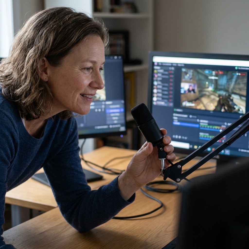 A beginner streamer sitting at a desk adjusting a small USB microphone on a boom arm with a computer monitor glowing in the background