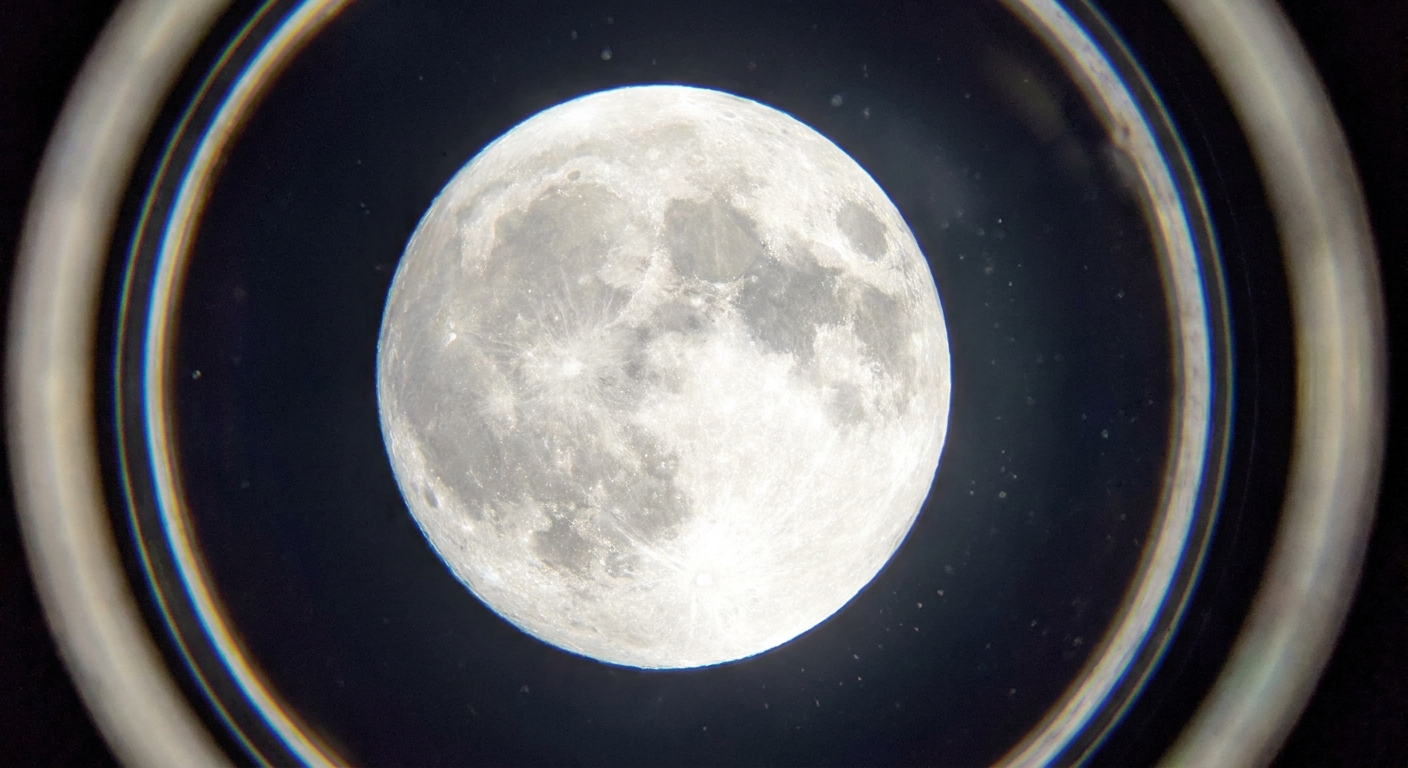 A bright full Moon seen through a telescope eyepiece, with crisp lunar maria and crater detail visible