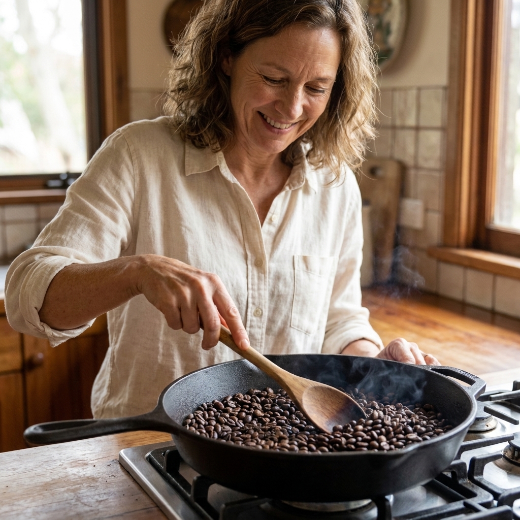 A cast iron skillet on a stovetop with coffee beans being stirred by a wooden spoon as they begin to brown