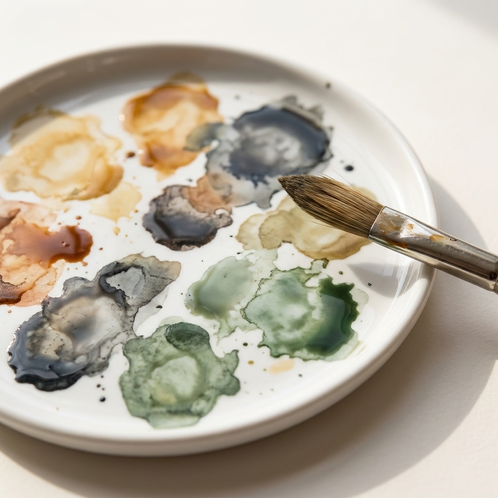 A ceramic watercolor palette with several mixed color puddles, including muted neutrals and greens, with a damp brush resting nearby