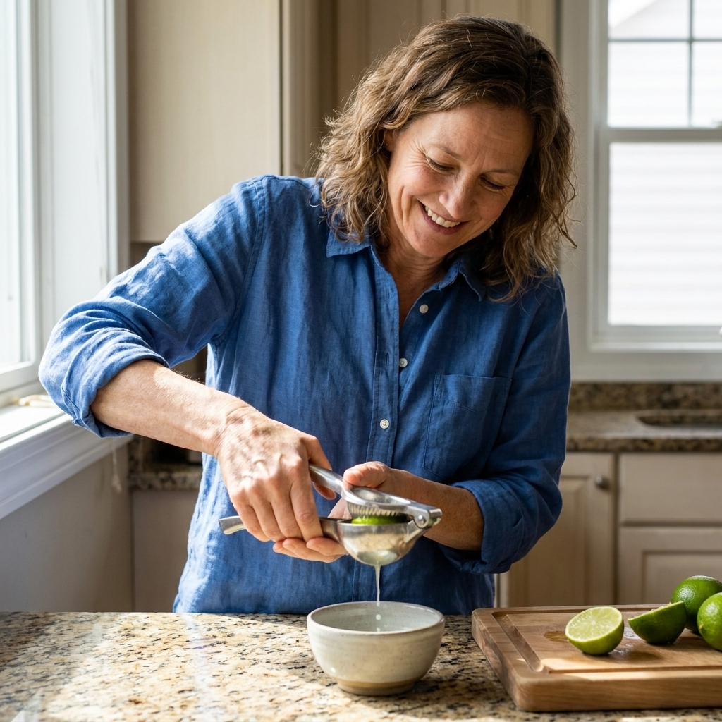 A citrus press squeezing half a lime over a small bowl on a kitchen counter