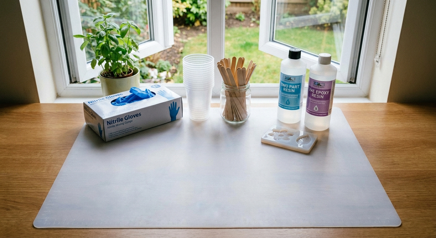 A clean craft table set up for resin work with a silicone mat, nitrile gloves, mixing cups, wooden stir sticks, and a small silicone mold near an open window