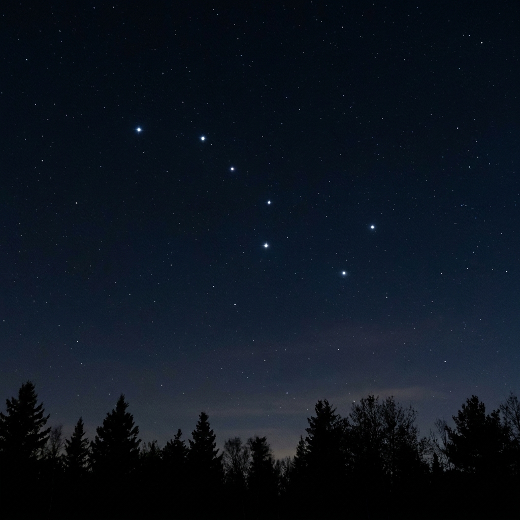 A clear night view of the northern sky with the Big Dipper pattern visible among surrounding stars above a dark tree line