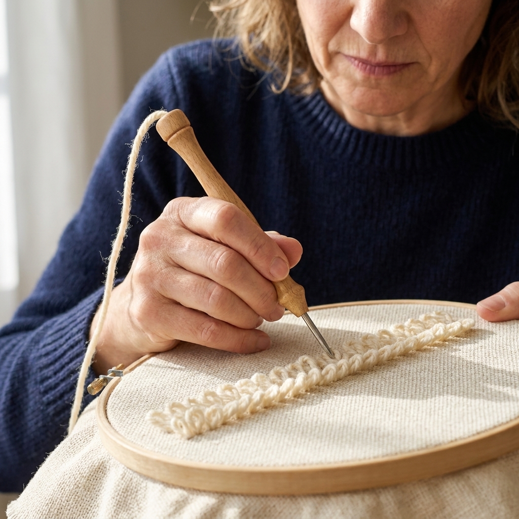 A close-up of a punch needle tool being used on stretched monk's cloth, with neat rows of evenly spaced punches forming loops on the opposite side