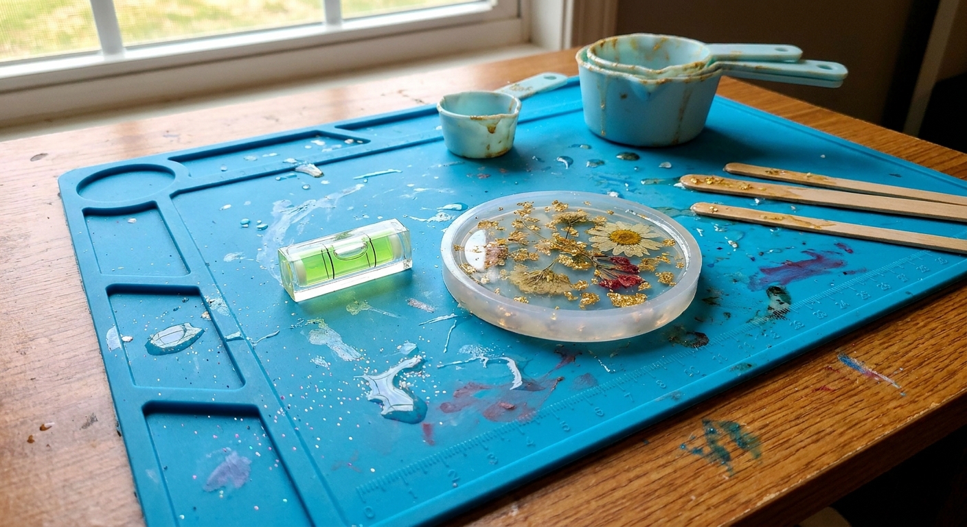 A close-up of a silicone craft mat on a table with measuring cups, stir sticks, and a small bubble level placed beside a resin mold