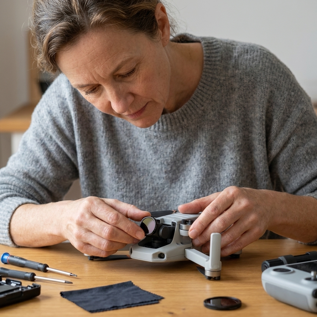 A close-up of a small neutral density filter being attached to a compact drone camera on a worktable
