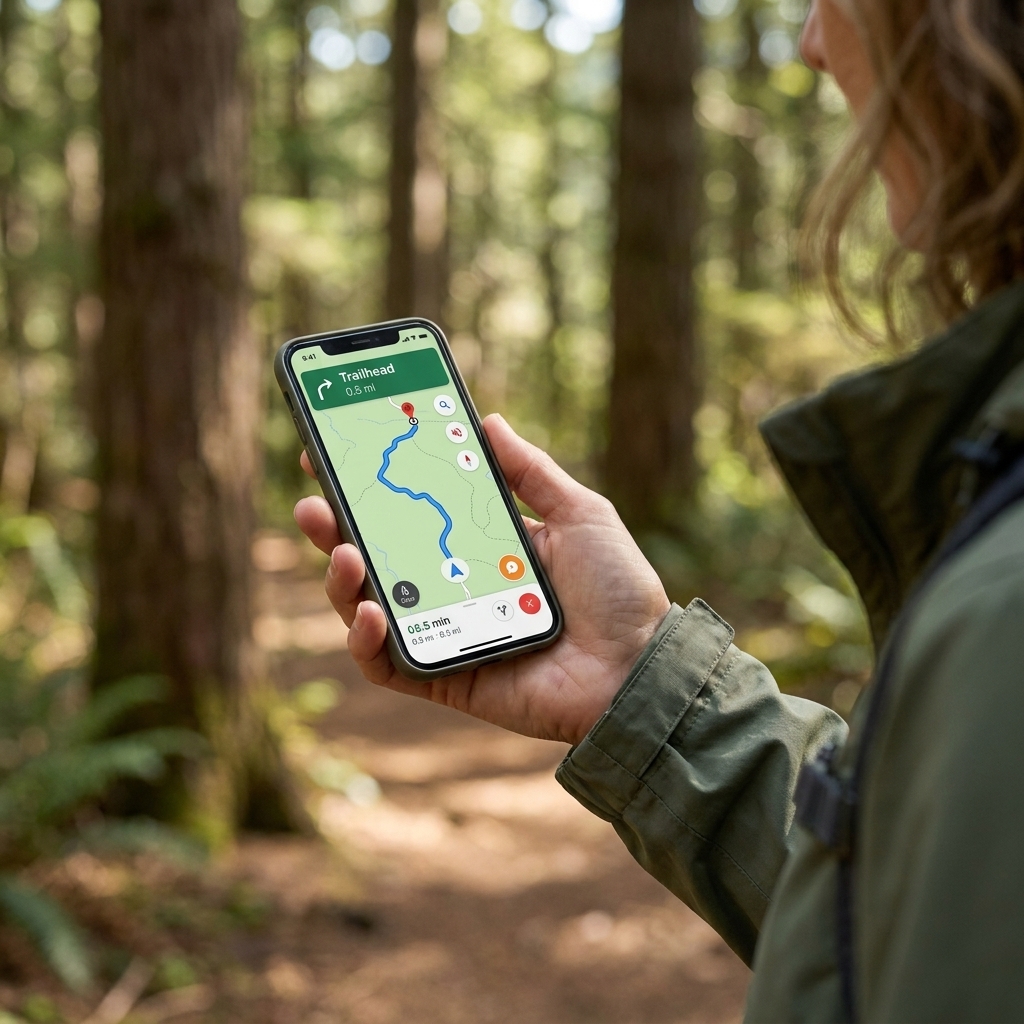 A close-up of a smartphone showing a map navigation screen held in a hand on a forest trail with trees in the background