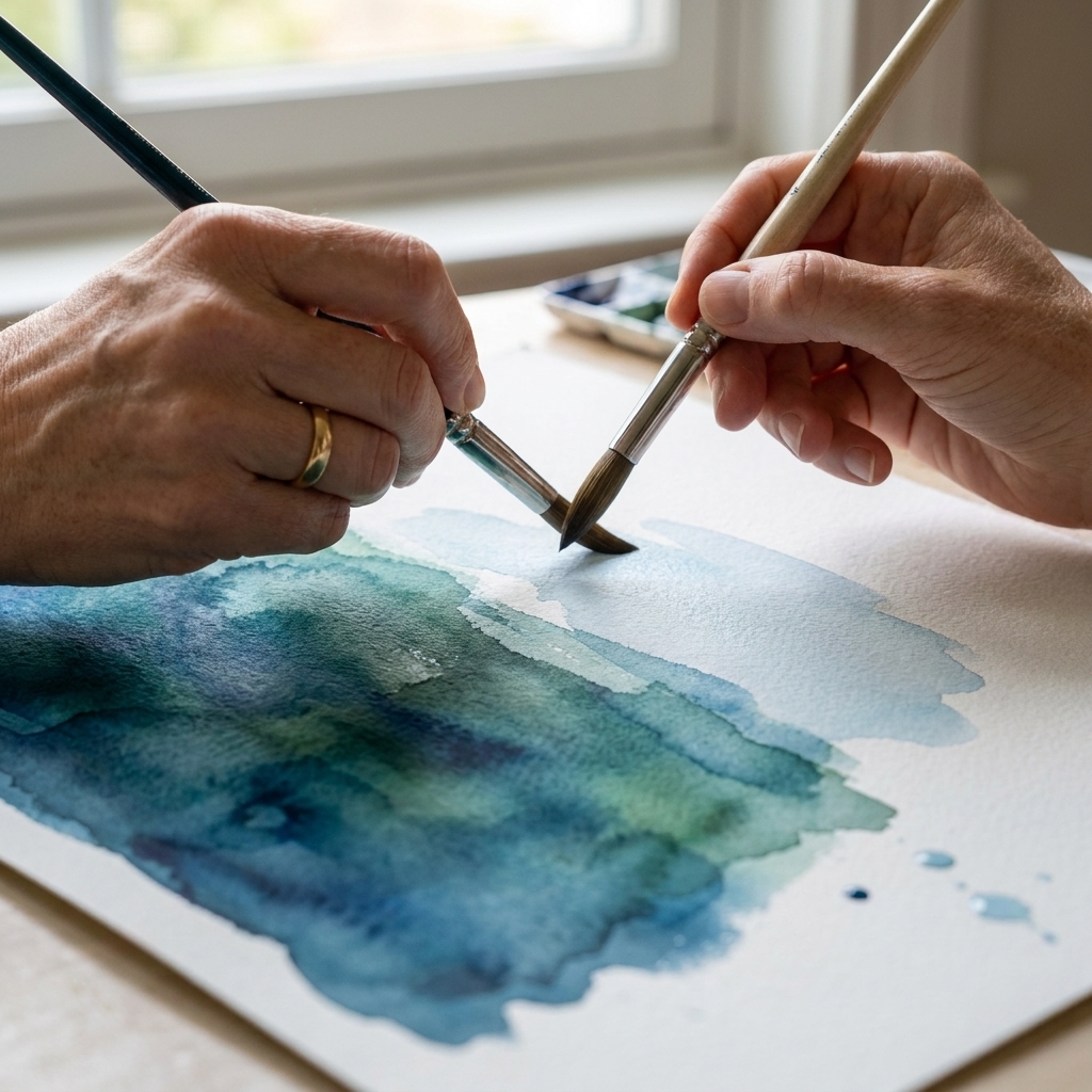 A close-up of a watercolor painting with multiple transparent layers creating a deeper blue-green area, with a brush applying a light wash over a dry section
