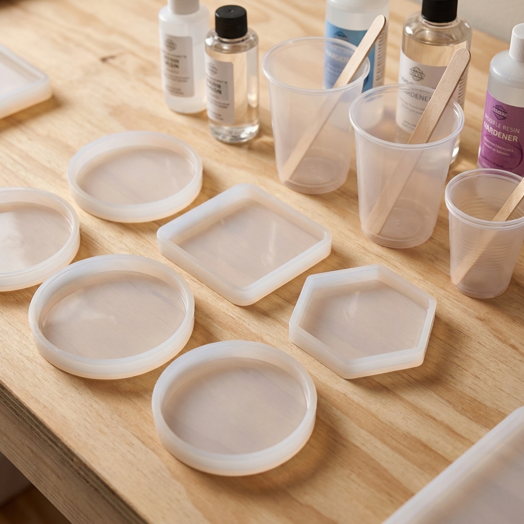 A close-up photo of clean silicone coaster molds on a work surface next to mixing cups and stir sticks