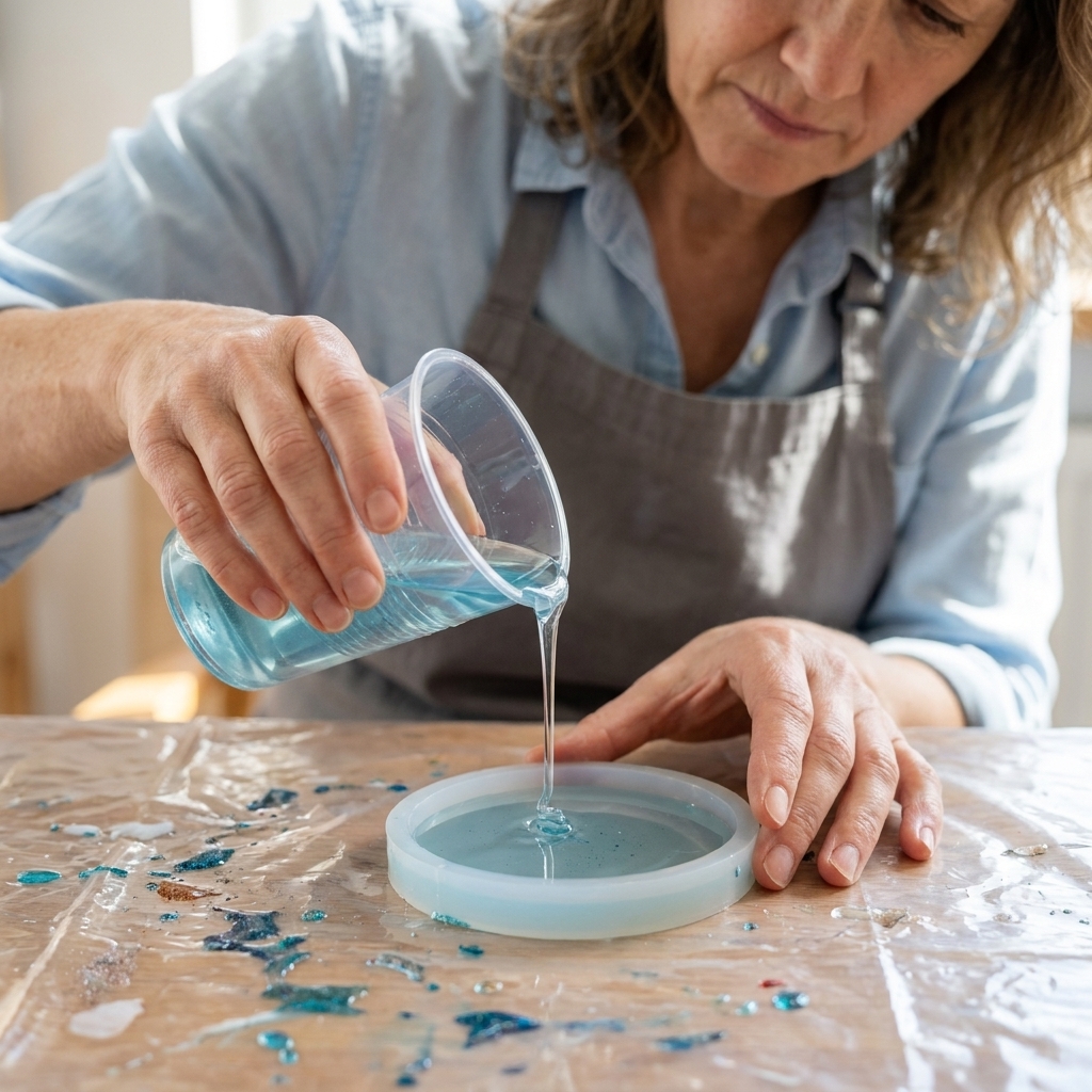 A close-up photo of clear tinted epoxy resin being poured from a mixing cup into a round silicone coaster mold on a protected table