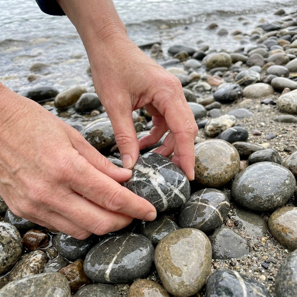A close-up photograph of a person’s hands selecting a patterned pebble from wet, rounded stones along a lakeshore
