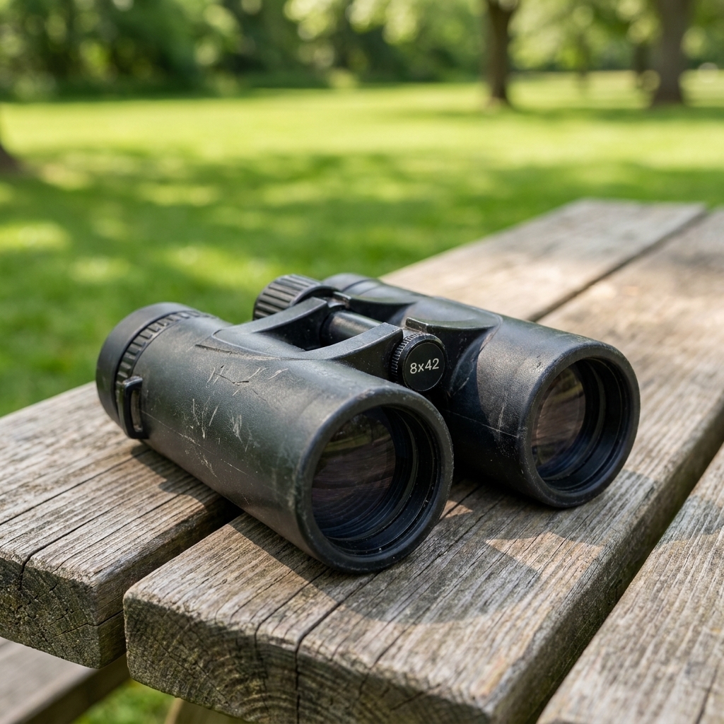 A close-up photograph of black 8x42 binoculars resting on a wooden picnic table with a green park lawn in the background