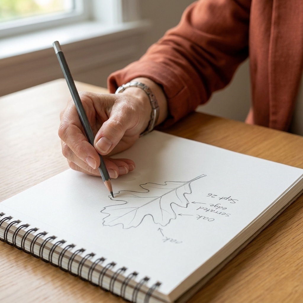 A close view of a hand sketching a single leaf in a notebook with a pencil, showing simple outline shapes and small handwritten notes