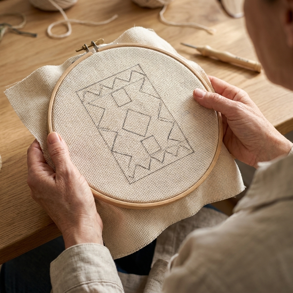 A close view of monk's cloth stretched tightly in an embroidery hoop, showing the even grid-like weave and a pencil outline of a simple rug design