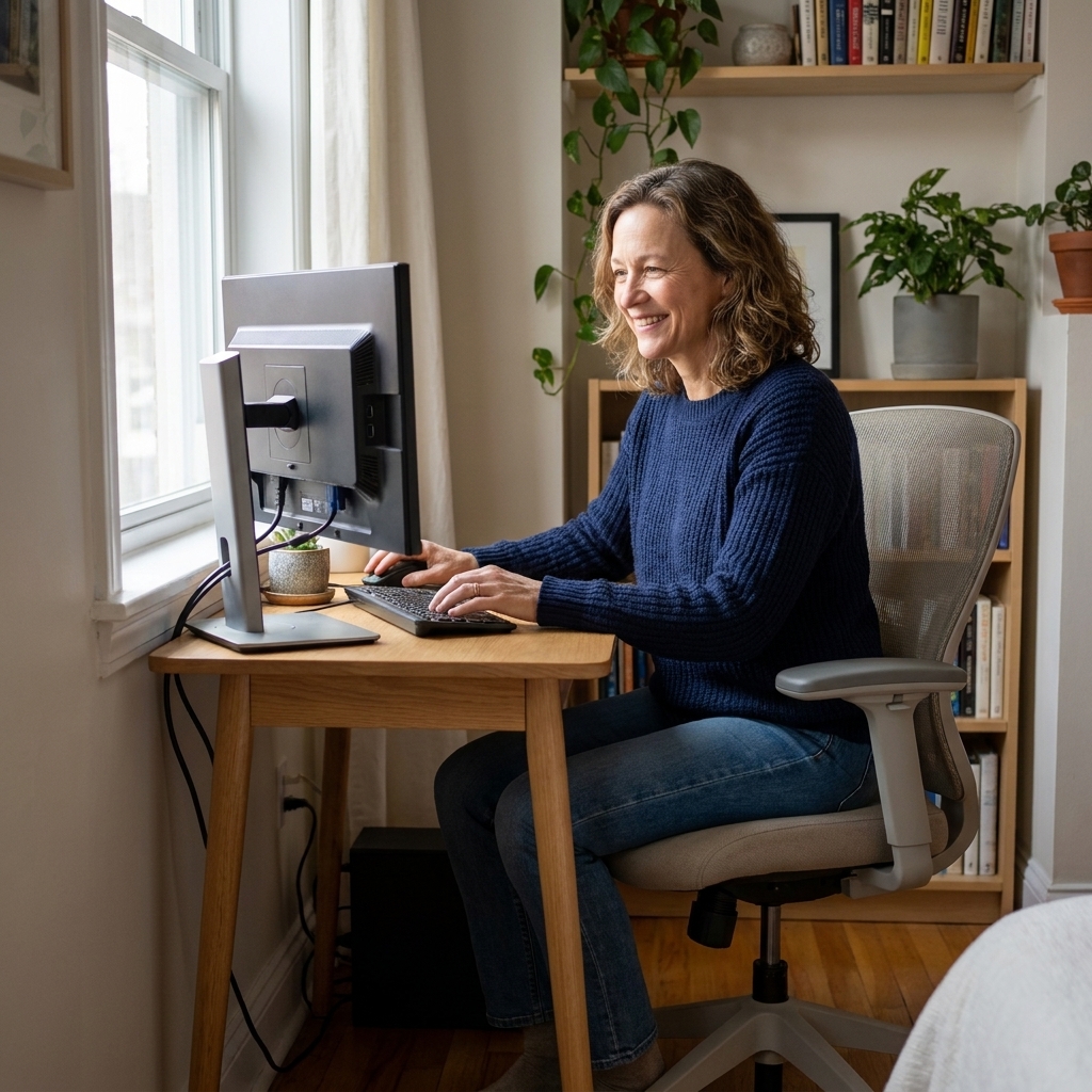 A compact desktop PC setup in a small apartment corner with a monitor on a simple desk and a comfortable chair, daylight coming through a window