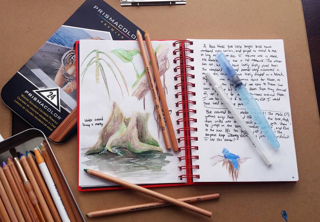 A compact on-the-go drawing setup on a small cafe table: pocket sketchbook, waterproof fineliner, small paint set, and a water brush in soft window light