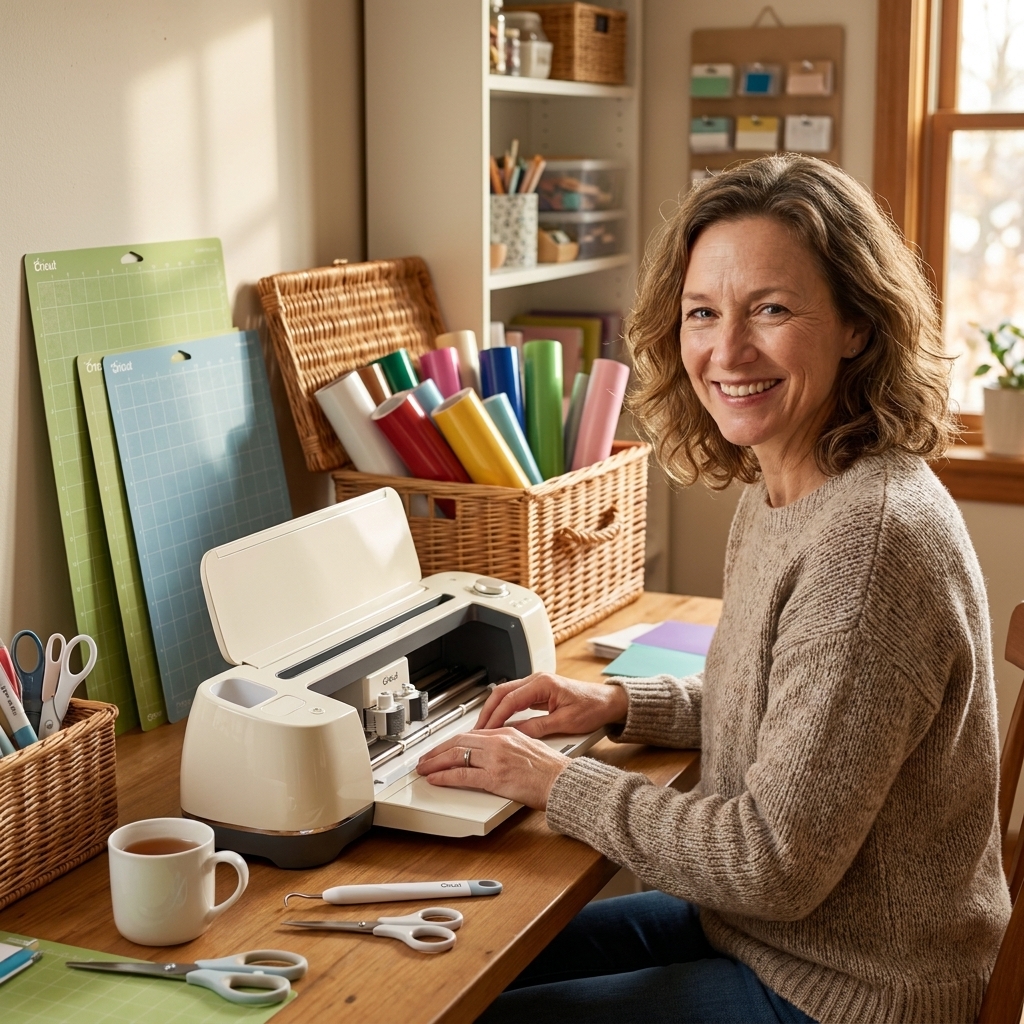 A cozy craft room table with a cutting machine, cutting mats leaning against the wall, and rolls of vinyl stored neatly in baskets