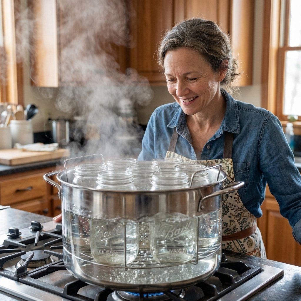 A deep pot on a stovetop filled with boiling water, a canning rack holding several Mason jars upright, steam rising