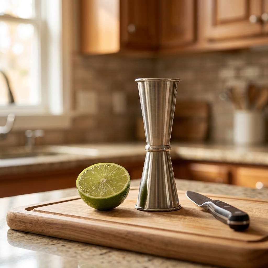 A double-sided jigger standing upright on a kitchen counter beside a cutting board and lime