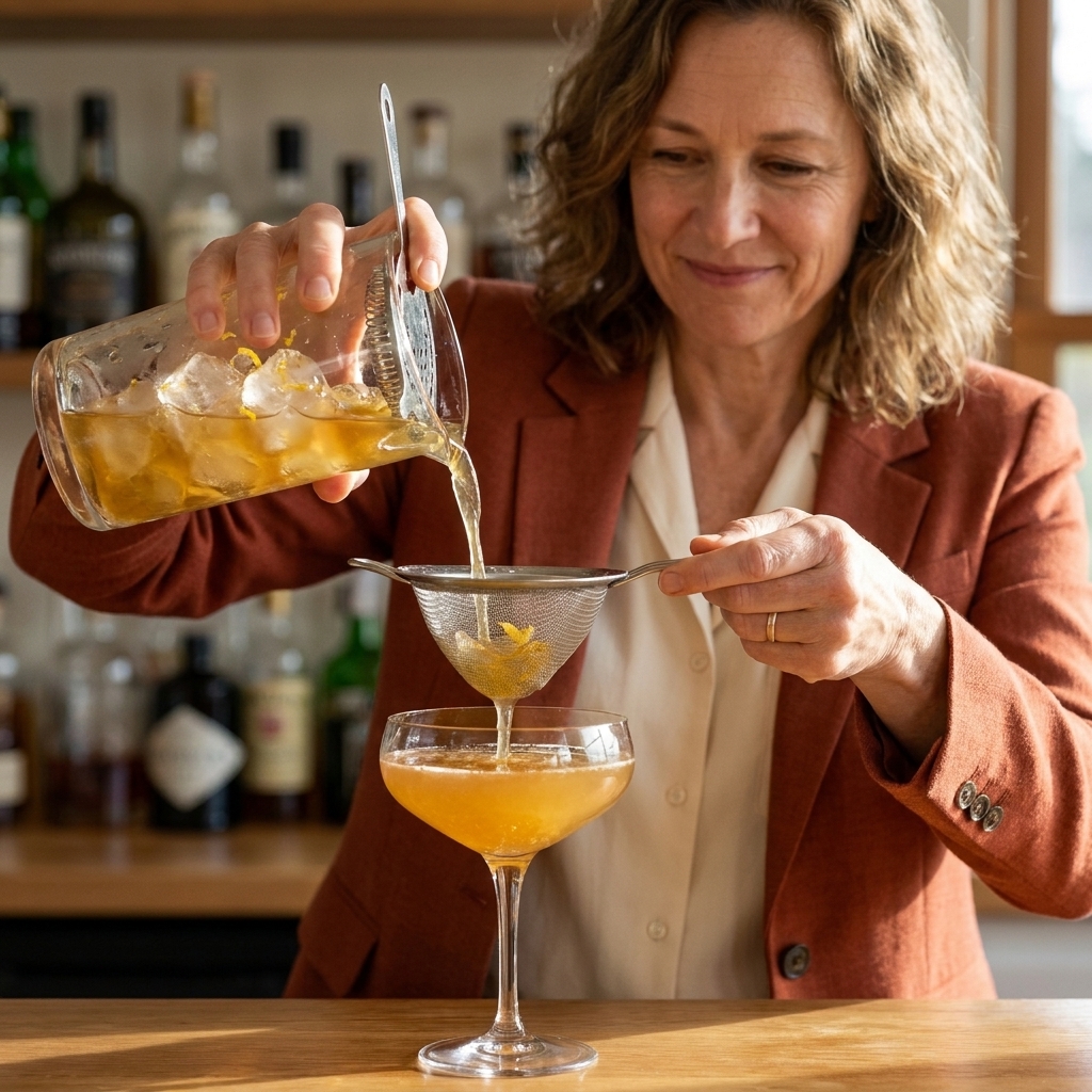 A fine-mesh strainer held over a coupe glass while a cocktail is being poured