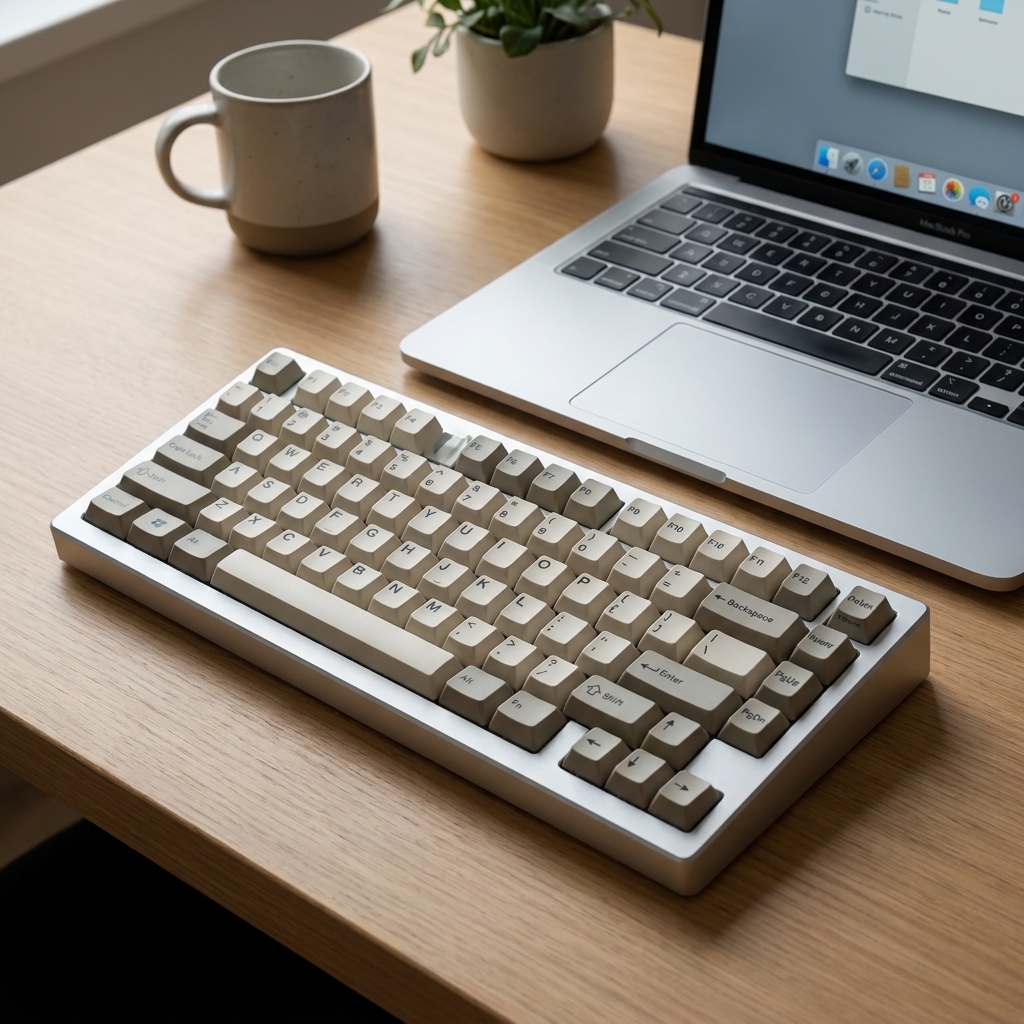 A finished custom mechanical keyboard with neutral keycaps sitting on a tidy desk next to a laptop