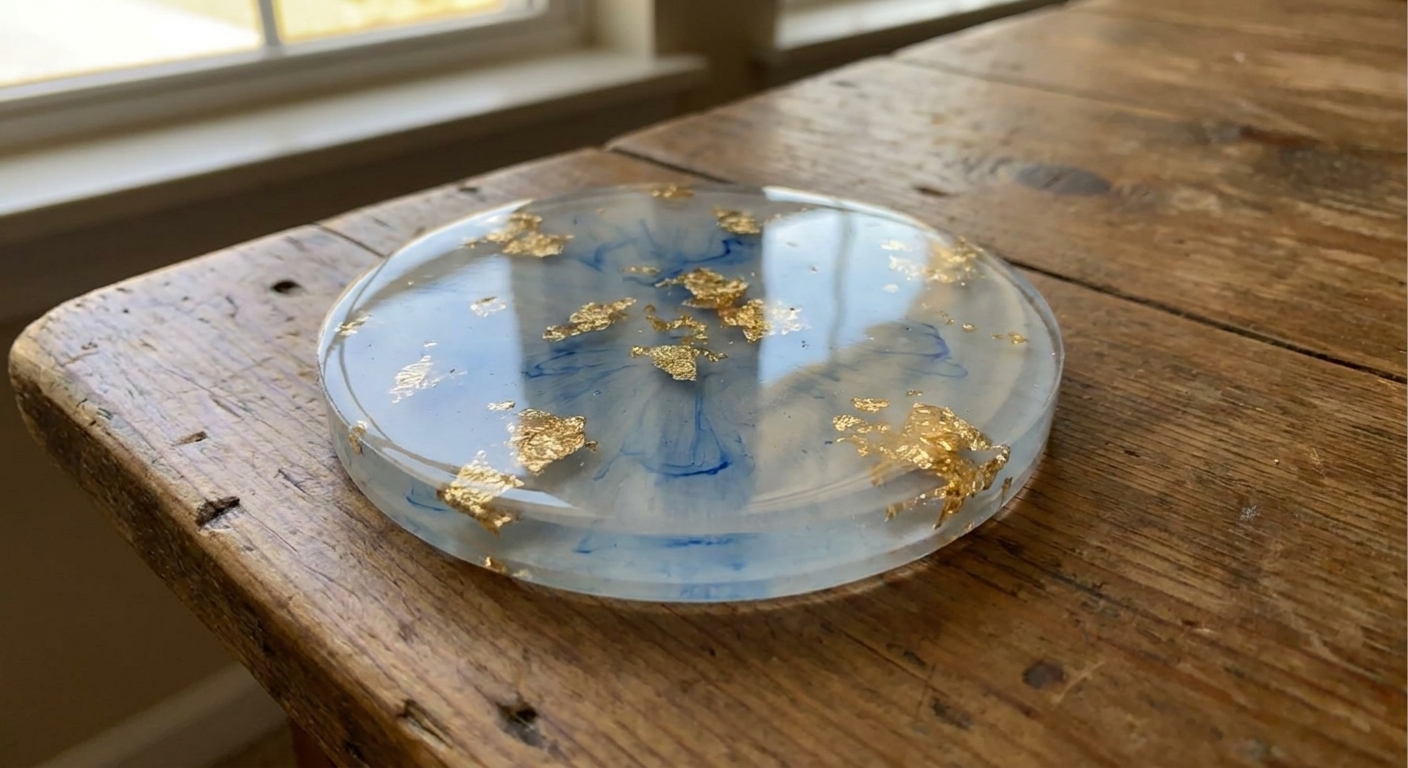 A finished glossy resin coaster with subtle blue swirls and small pieces of gold leaf catching the light on a tabletop