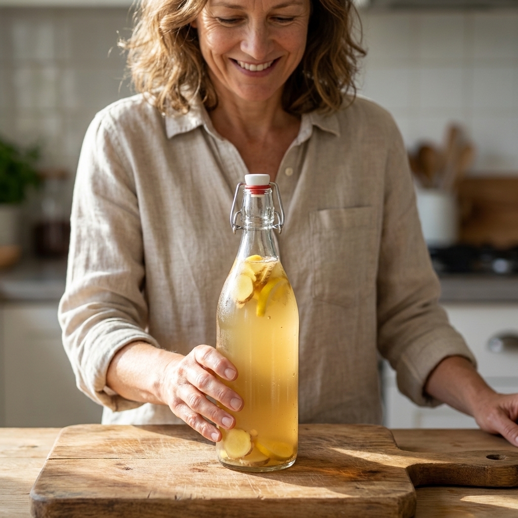 A flip-top bottle filled with pale golden kombucha and visible slices of ginger and lemon, sitting on a wooden cutting board
