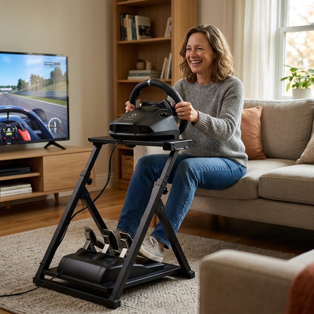A foldable sim racing wheel stand set up in a living room with a force-feedback wheel mounted on top and pedals secured on the lower plate