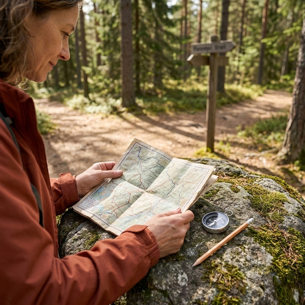 A folded paper trail map on a rock with a small compass and a pencil at a trail junction