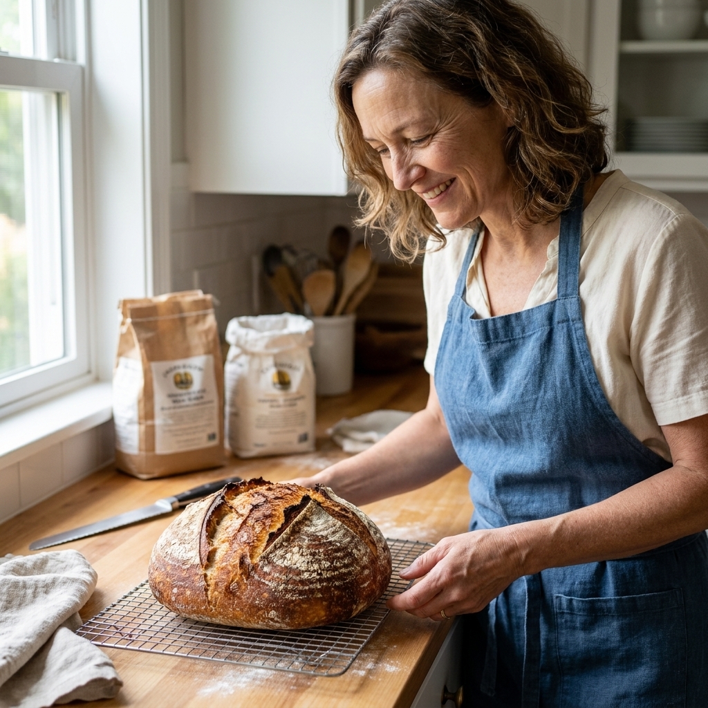 A freshly baked sourdough loaf cooling on a wire rack with a crackled crust in a home kitchen