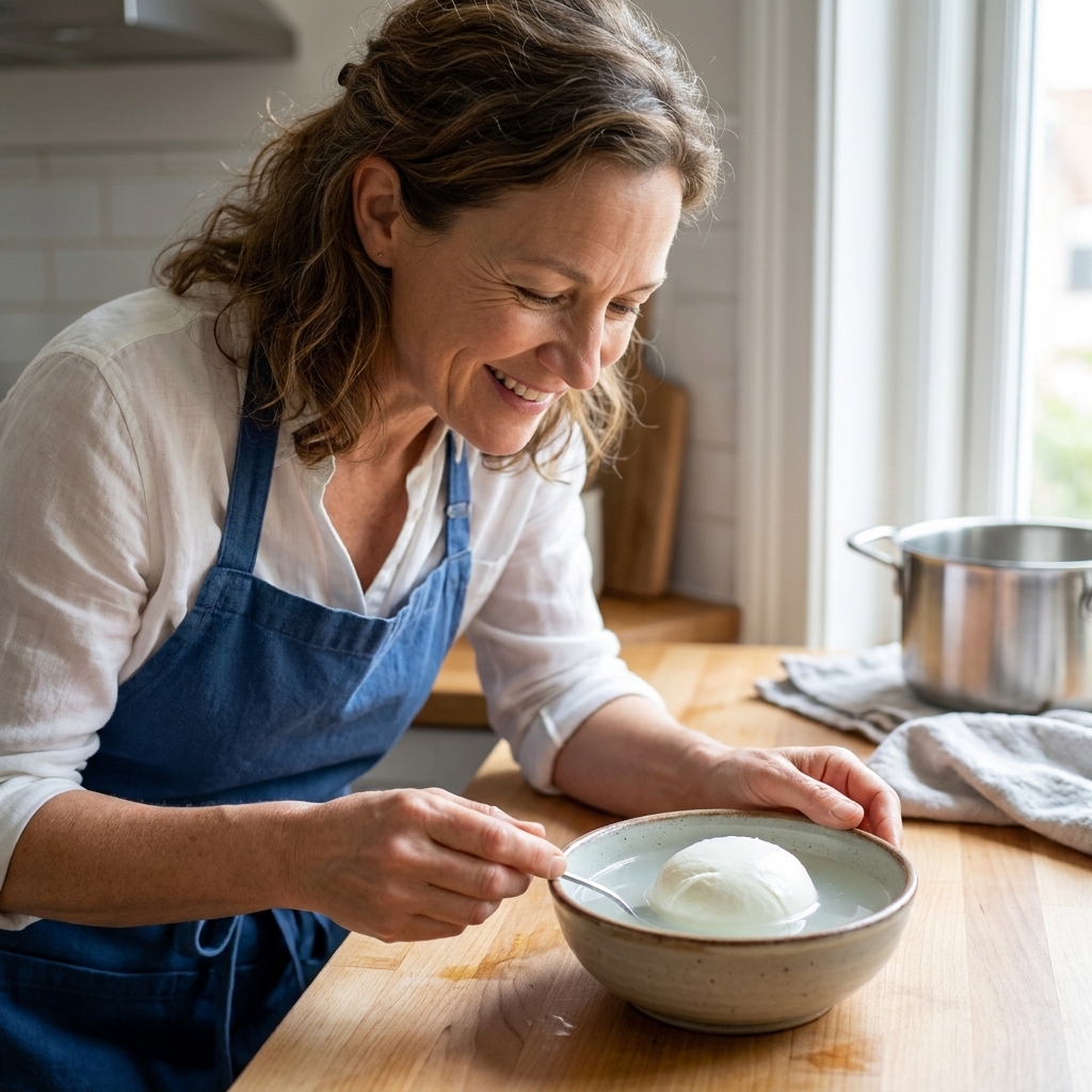 A freshly formed mozzarella ball resting in a small bowl of lightly salted water on a kitchen counter