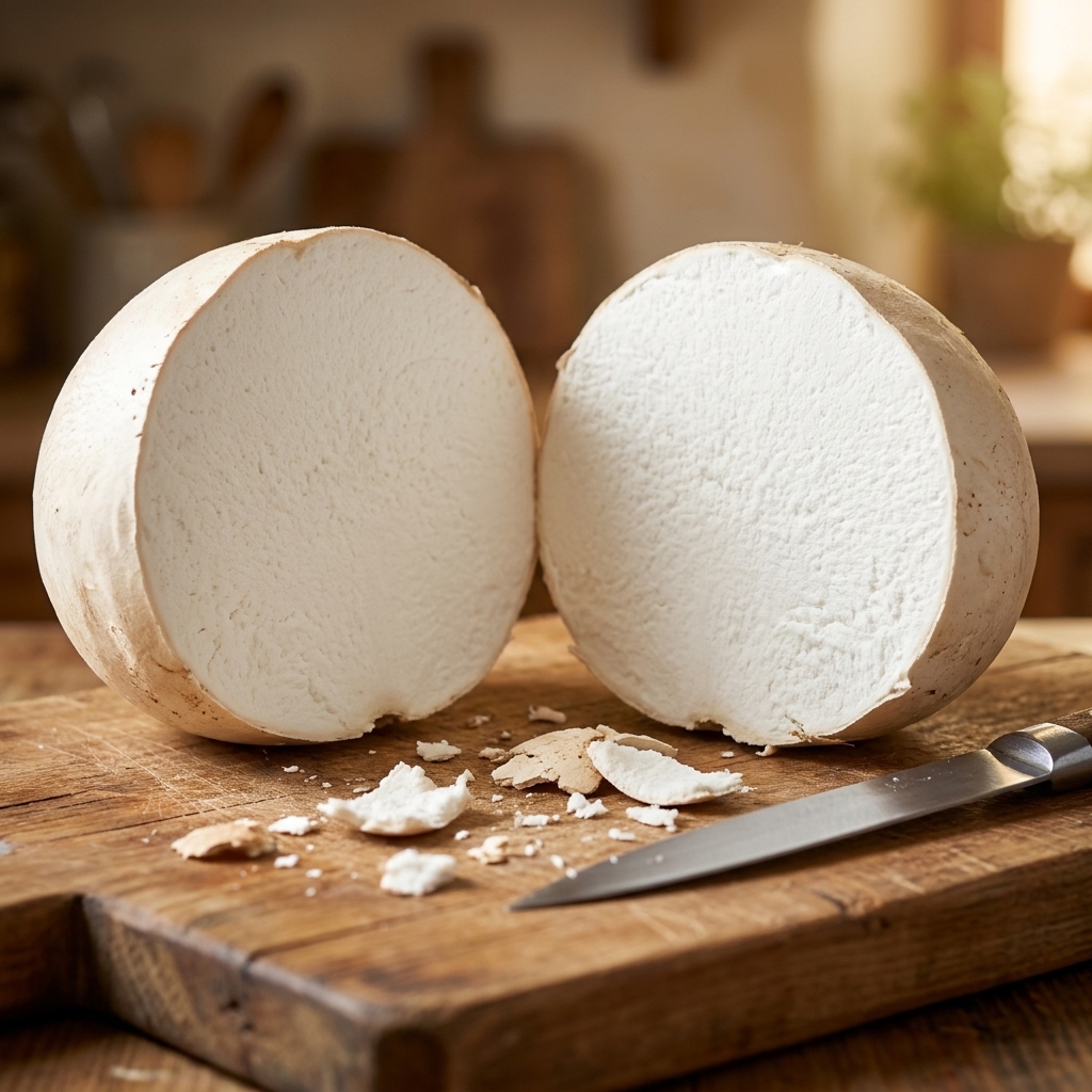 A giant puffball mushroom sliced in half on a wooden cutting board showing a solid pure white interior