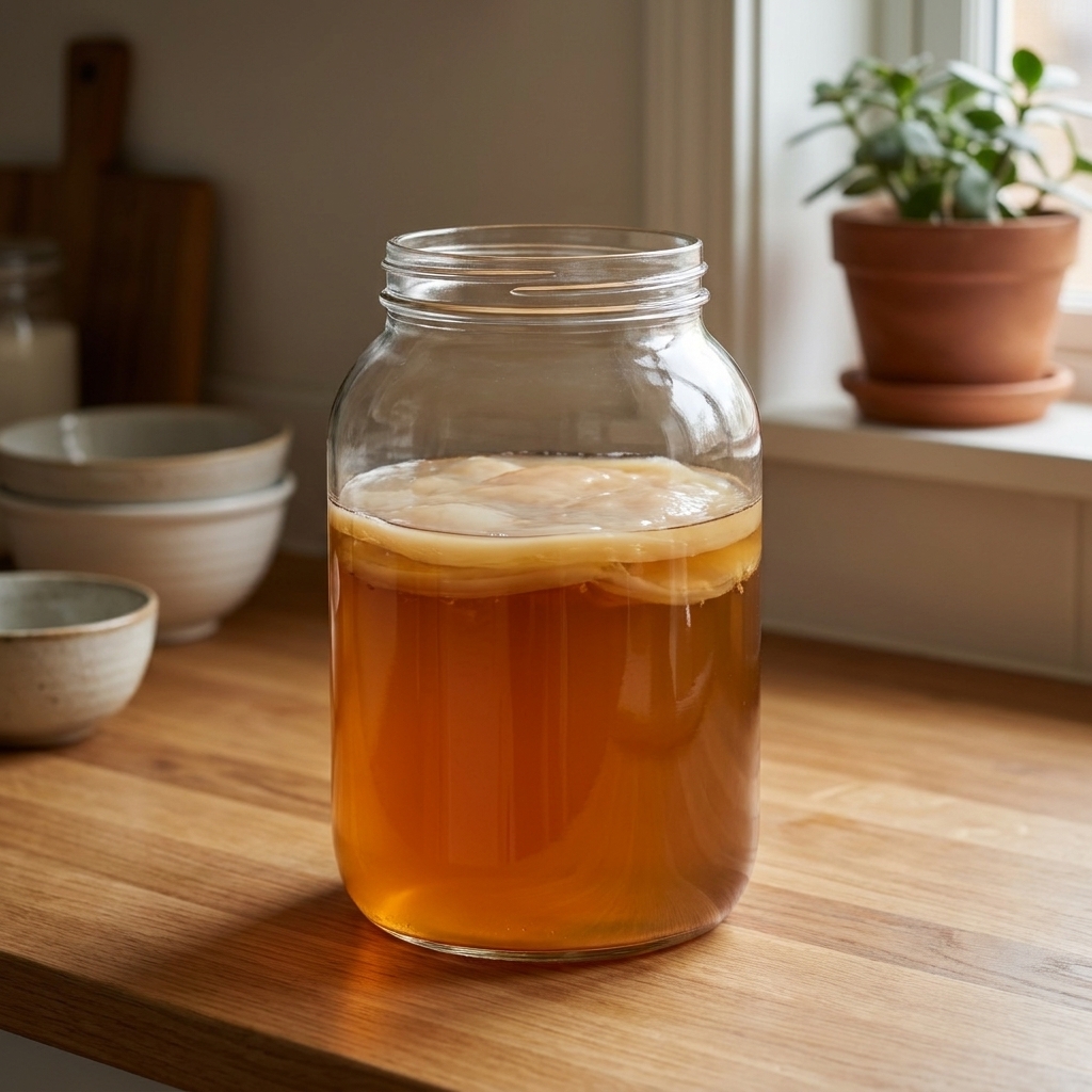 A glass fermentation jar with amber kombucha tea and a pale SCOBY disk forming on top, sitting on a countertop away from direct sunlight