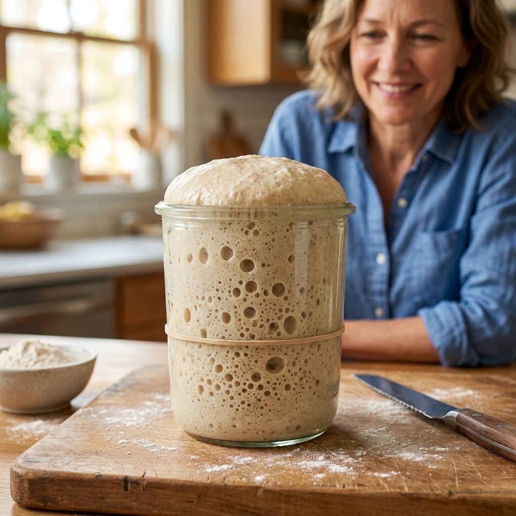 A glass jar of sourdough starter at its peak rise with a domed top and visible bubbles, sitting on a wooden cutting board