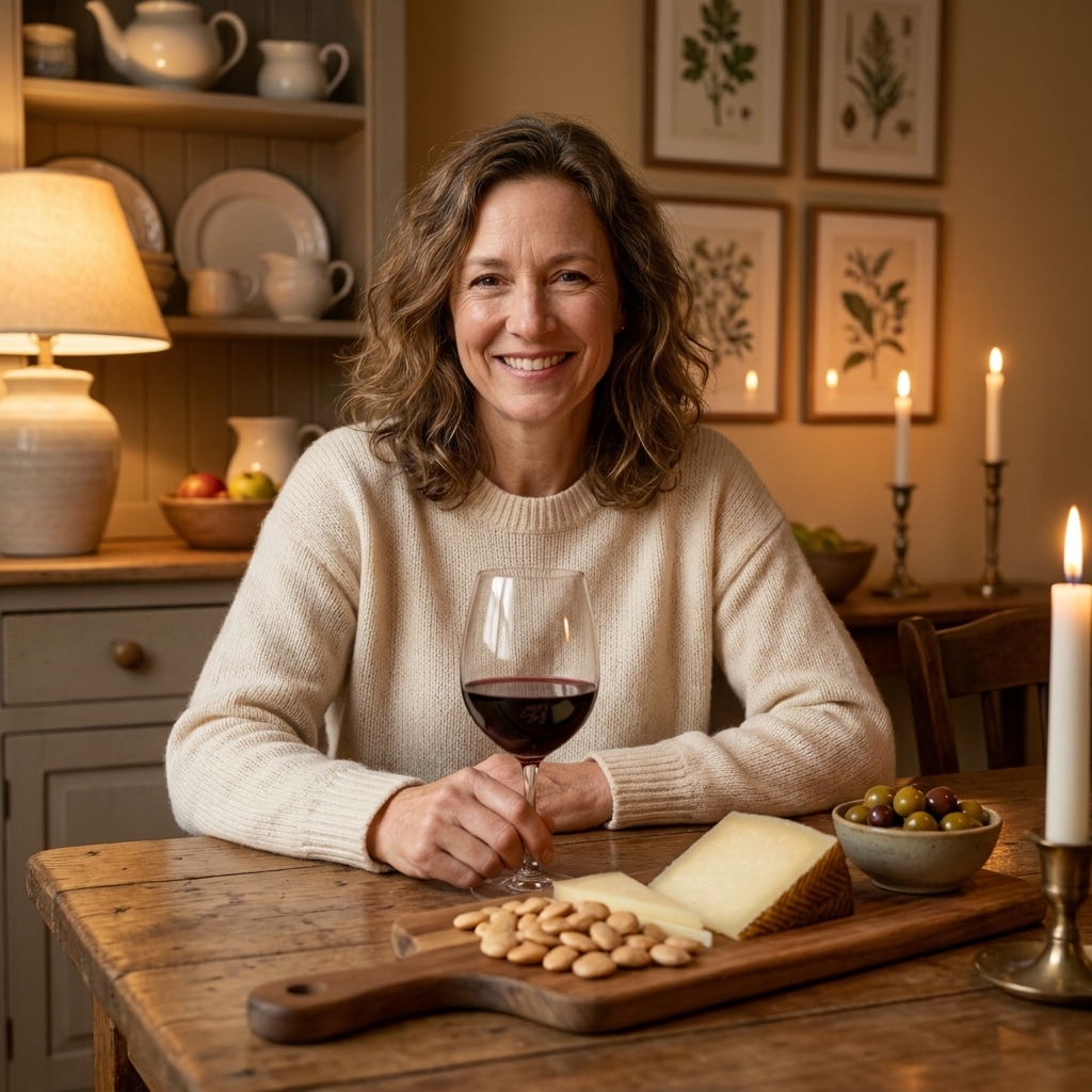 A glass of red wine beside sliced manchego on a wooden board with almonds in a cozy dining room