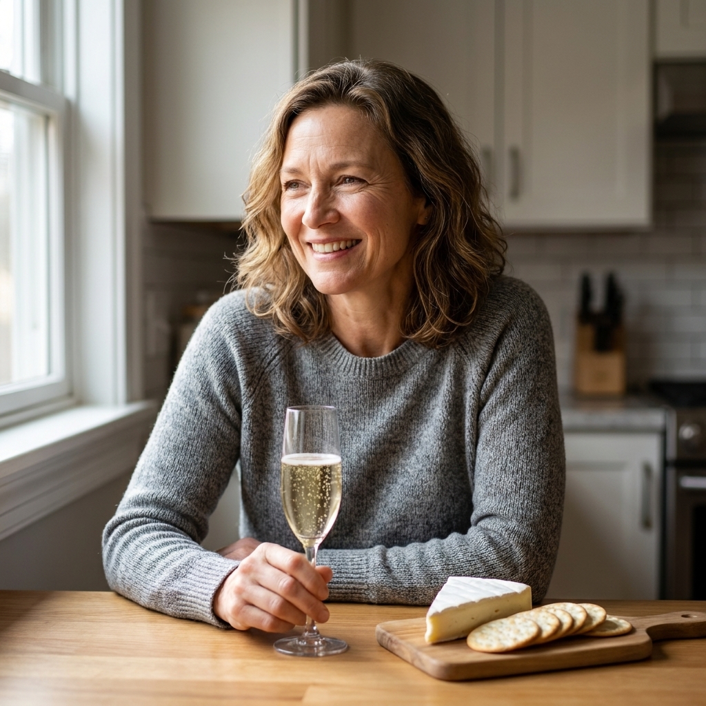 A glass of sparkling wine next to a wedge of brie on a small board with a few crackers in a softly lit kitchen