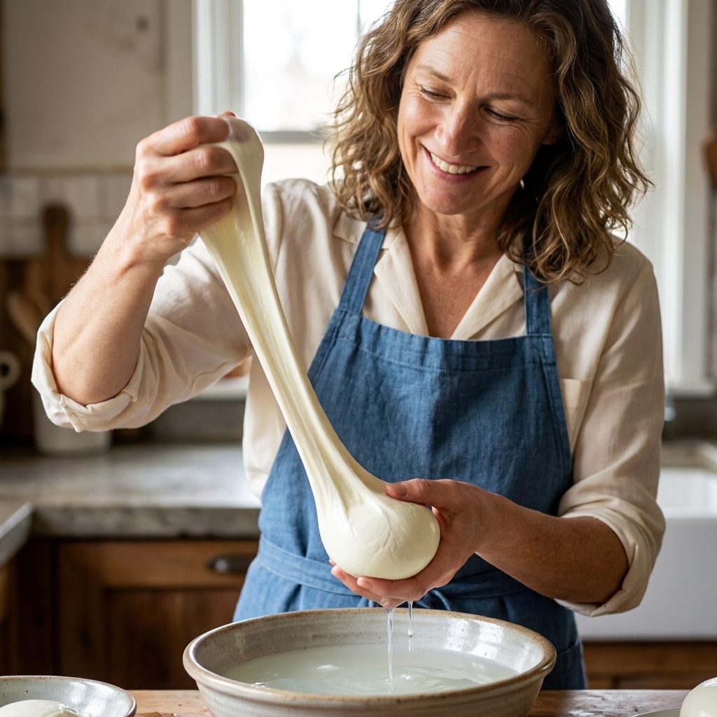 A glossy ball of mozzarella being stretched into a long ribbon above a bowl, showing smooth elastic texture