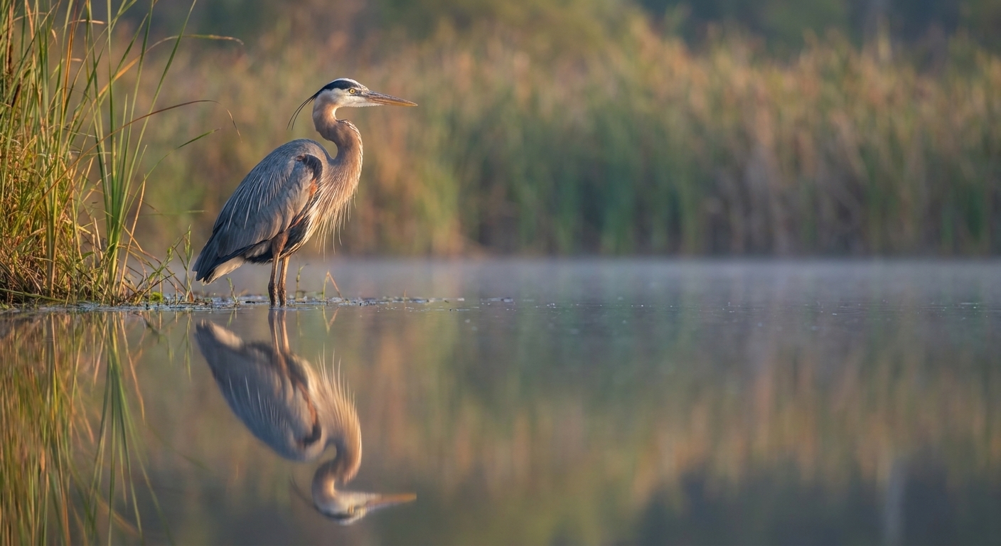 A great blue heron standing at the edge of a calm pond, reflected in the water with reeds softly blurred behind it